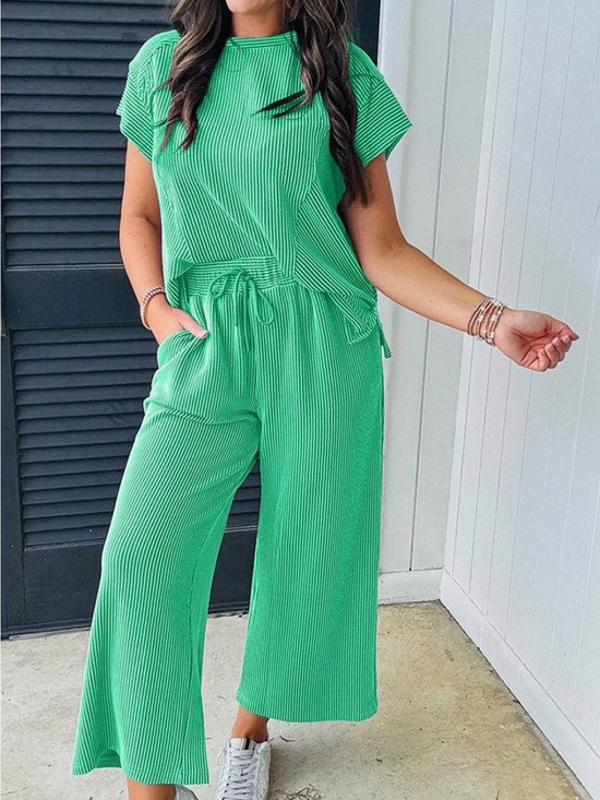 T&C Apparel Pants - T&C Apparel Ribbed Lounge Set Small Green Two Piece Matching Set Wide Leg Pants